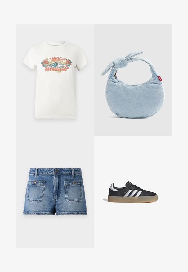 Camiseta blanca de algodón con un gráfico colorido que presenta un sol naciente, olas y flores, mostrando de manera destacada el logo "Wrangler" en rosa.; Pantalones cortos de mezclilla en azul claro con un acabado desvaído, diseño de cinco bolsillos, dos bolsillos frontales, dos bolsillos traseros y una cintura con botón.; Zapatilla deportiva de cuero negro con tres rayas plateadas, punta texturizada y suela de goma. Cuenta con un collar acolchado y un diseño con cordones.; Bolso de hombro de mezclilla azul claro con un detalle de nudo en la asa y una pequeña etiqueta roja de Levi's en el lateral.