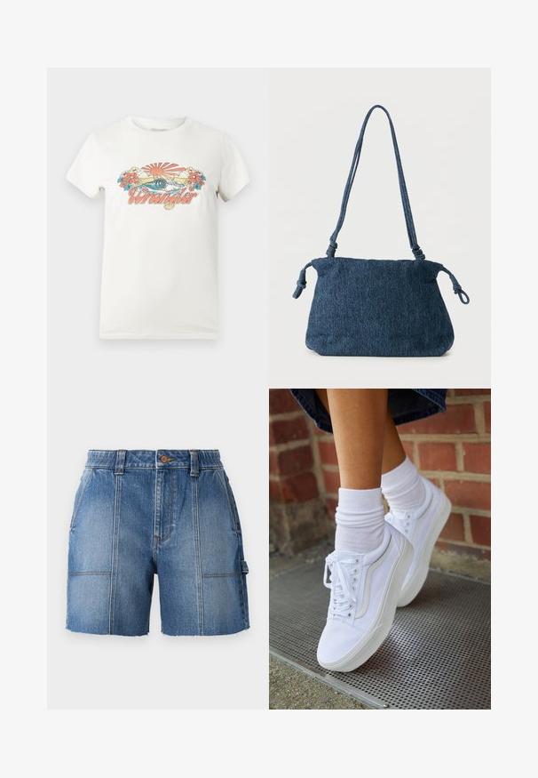 Witte katoenen t-shirt met een kleurrafisch ontwerp van een opkomende zon, golven en bloemen, met opvallend het "Wrangler"-logo in het roze.; Lichte blauwe denim short met een rafelige zoom, uitgerust met een aansluitende taille, riemlussen en twee voorkeepockets.; Witte canvas sneakers met rubberen zolen, voorzien van zes vetertjes, een ronde neus en lichte stikdetails, gecombineerd met witte enkelsokken.; Donkerblauwe spijkerstof schoudertas met knoopdetails aan de band en een eenvoudig rechthoekig ontwerp tegen een witte achtergrond.