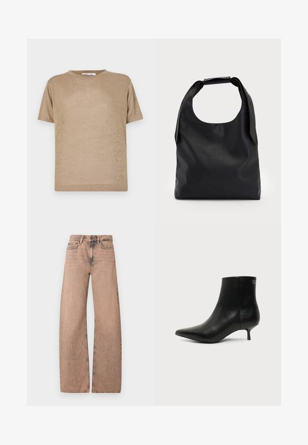 Camiseta de manga corta de color beige, hecha de tejido ligero, con un cuello redondo y un corte relajado, de textura suave.; Jeans de pernera ancha color marrón claro, hechos de denim, con una cinturilla clásica, diseño de cinco bolsillos y textura deslavada.; Botín de piel negra con puntera puntiaguda y tacón bajo estilo kitten sobre fondo claro, mostrando vista lateral exterior.; Bolso de mano de cuero negro con una gran abertura superior y una sola correa para el hombro. Textura suave, diseño minimalista, con detalles sutiles de herrajes.