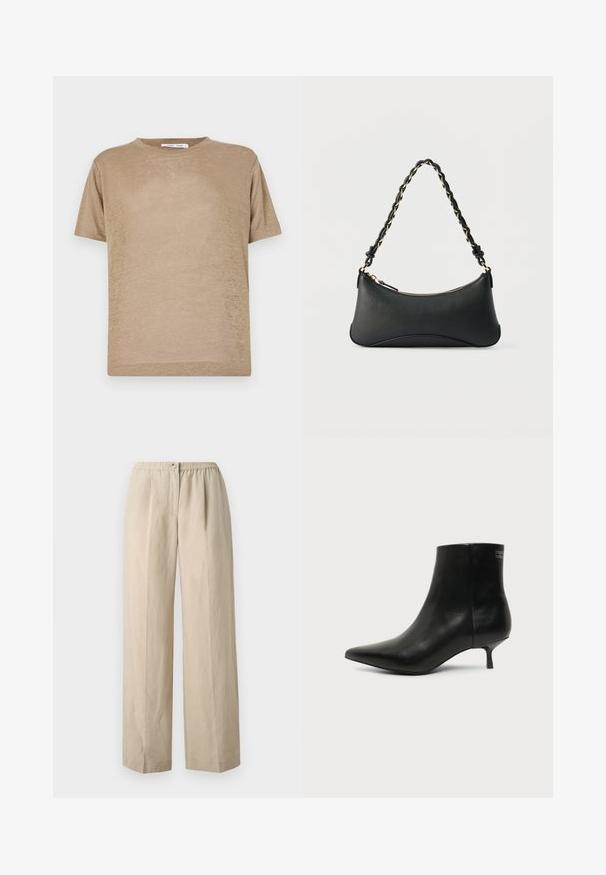 Camiseta de manga corta de color beige, hecha de tejido ligero, con un cuello redondo y un corte relajado, de textura suave.; Pantalones de pierna ancha beige, hechos de una tela suave, con una cintura elástica fruncida y un cierre con botón en la parte delantera. Textura suave con pliegues.; Botín de piel negra con puntera puntiaguda y tacón bajo estilo kitten sobre fondo claro, mostrando vista lateral exterior.; Bolso de hombro de cuero negro con forma rectangular curvada, cadena dorada entrelazada en una correa negra trenzada y cierre superior con cremallera.