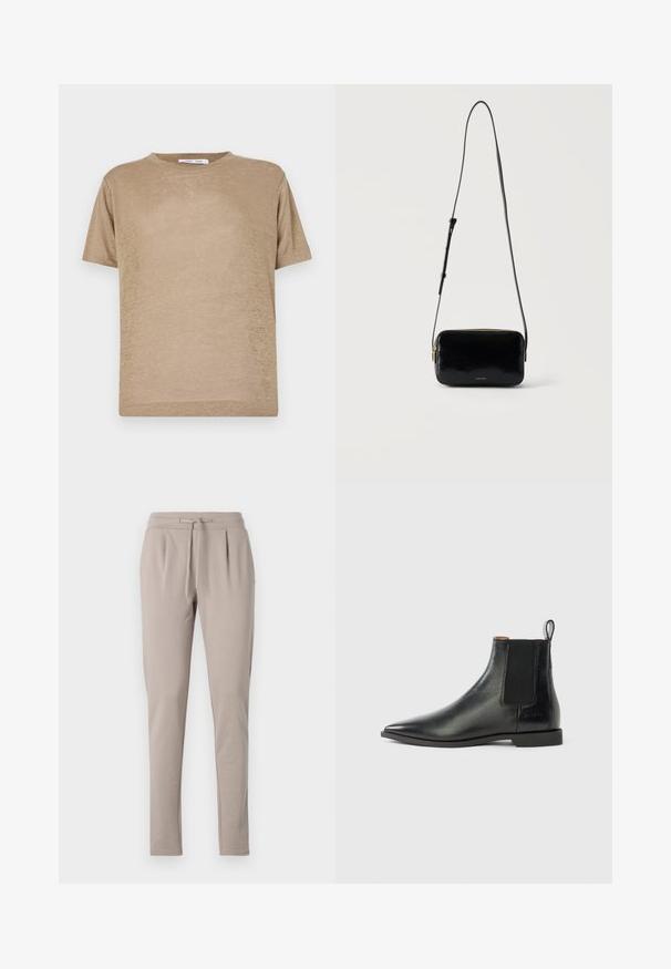 Beige kortærmet T-shirt lavet af letvægtsstof, med rund halsudskæring og en afslappet pasform med en glat overflade.; Beige sweatpants med snøre i taljen, tætsiddende ben og plisseret frontdetalje. Fremstillet af blødt, let materiale.; Sort læderankelstøvle med elastisk sidepanel, spids tå og lille hæl. Glat tekstur og minimalistisk design med bageste trækstrop.; Lille sort rektangulær crossbody taske med en lang justerbar strop og guld lynlås, Calvin Klein logo foran.