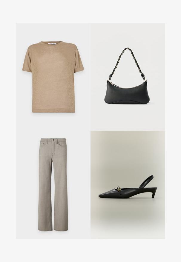 Camiseta de manga corta de color beige, hecha de tejido ligero, con un cuello redondo y un corte relajado, de textura suave.; Pantalones de pierna ancha en un gris claro, con una tela texturizada y un acabado suave. Presenta un cierre de botón y un diseño de cinco bolsillos.; Zapato de tacón bajo tipo kitten en piel negra con talón descubierto, punta puntiaguda y hebilla pequeña color dorado sobre un fondo liso.; Bolso de hombro de cuero negro con forma rectangular curvada, cadena dorada entrelazada en una correa negra trenzada y cierre superior con cremallera.