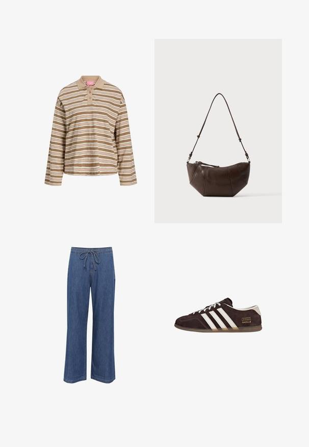 Pruun ja kreemjas triibuline pika varrukaga polo särk, millel on kolm nuppu ja pehme tekstuur. Omab vabalt langevat silhouetti ja kindlat krae.; Denim laiad jalgadega püksid, millel on paelu peegel ja keskmiselt sinine värv, sirge lõige ning peened õmbluse detailid.; Pruunid seemisnahast tossud, millel on kolm valget triipu, kummist tallad ja kuldse kirjaga "Gazelle" tekstimärk. Paeltäidis on hõbedaste paeltega.; Pruun nahast õlakott kõverdatud põhjaga ja reguleeritava rihmaga ühevärvsel heledal taustal.