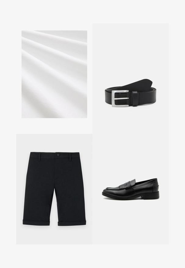 Tejido de algodón, color blanco, textura suave con pliegues y arrugas sutiles. Superficie uniforme, ligeramente reflectante, sin patrones ni acentos.; Pantalones cortos negros de algodón con cierre de botón, diseño entallado y dobladillo enrollado. Presentan bolsillos delanteros y una textura suave.; Mocasín negro de cuero para hombre con detalle de borlas, punta redondeada, tacón bajo y acabado liso y pulido, mostrado de lado sobre un fondo blanco.; Cinturón de cuero negro con una textura lisa, hebilla rectangular de plata y un lazo para el extremo. Presenta una costura ordenada a lo largo de los bordes.