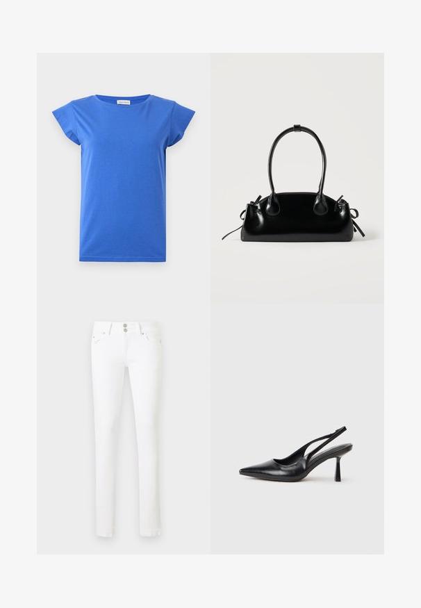 T-shirt bleu pour femme à manches courtes, col rond, tissu lisse et petites manches type épaulettes, présenté sur fond blanc uni.; Jean blanc slim à taille mi-haute, avec deux poches avant, deux poches arrière et une fermeture à double bouton.; Chaussure à talon haut en cuir noir, à bride arrière, avec un bout pointu et un talon fin sur fond blanc.; Petit sac à main noir brillant avec deux longues anses et des détails à cordon sur les côtés sur un fond clair uni.