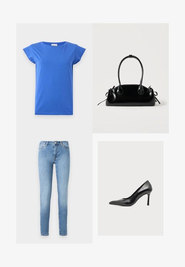 Blauw dames T-shirt met korte mouwen, ronde hals, gladde stof en lichte kapmouwen, weergegeven op een effen witte achtergrond.; Lichtblauwe skinny jeans van denim, met een klassieke vijf-pocketontwerp, subtiele vervaging en een standaard tailleband met een ritssluiting.; Zwarte glanzende dameshoge hak met spits toelopende neus en slanke stilettohak, vanaf de zijkant getoond tegen een effen lichte achtergrond.; Kleine zwarte glanzende handtas met twee lange hengsels en zijkant trekkoord details op een effen lichte achtergrond.