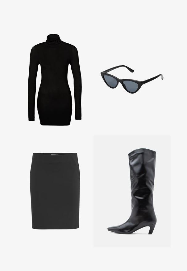 Sort langærmet turtleneck-top i en tætsiddende design. Blødt, strækbart stof med en høj, rullet krave og tætsiddende ærmer.; Sort knælængde pencilskørt med lige pasform og lynlås i siden.; Sort læderstøvle til knæet med spids tå og en beskeden, vinklet hæl. Har en glat, skinnende tekstur med et simpelt design.; Sorte katteøje solbriller med mørkegrå linser, slankt plastisk stel, spidse hjørner og lige stænger. Ingen synlig hardware eller dekorationer.