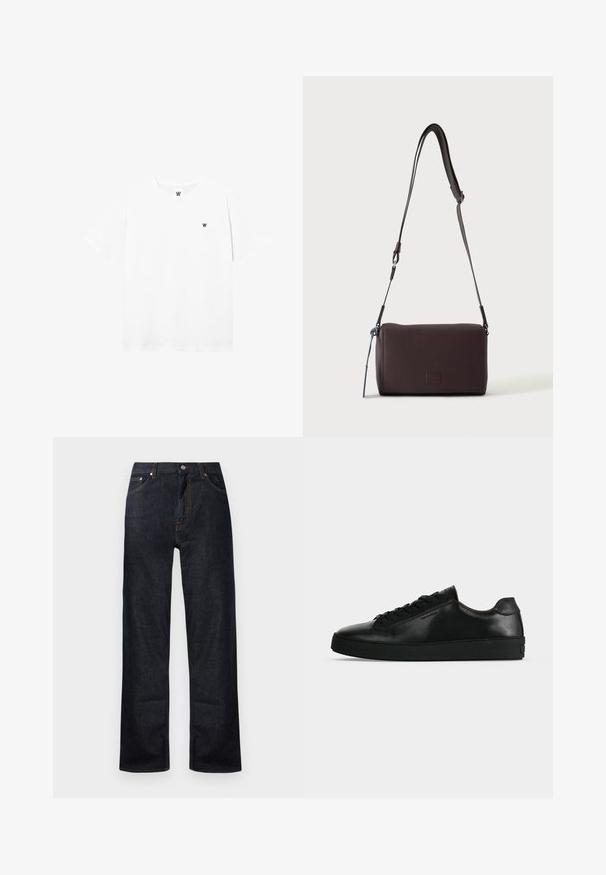 Weißes T-Shirt mit kurzen Ärmeln und Rundhalsausschnitt, mit einem kleinen runden Logo, das ein schwarzes "W" auf der linken Brustseite zeigt.; Dunkelblaue Jeans aus Denim mit geradem Bein, fünf Taschen und orangefarbenen Steppnähten. Metallknopf und Reißverschluss.; Schwarzer niedriger Ledersneaker mit schwarzen Schnürsenkeln und dicker schwarzer Sohle, von der Seite auf hellgrauem Hintergrund gezeigt.; Dunkelbraune, strukturierte Leder-Crossbody-Tasche mit verstellbarem Riemen und kleinem dekorativen blauen Akzent an der Seite.