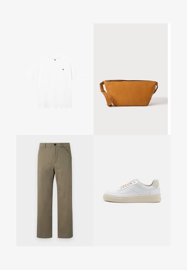 T-shirt blanc à manches courtes et col rond avec un petit logo circulaire représentant un "W" noir sur la poitrine gauche.; Pantalon vert olive clair en tissu lisse et résistant. Doté d'une fermeture à bouton et à zip, de poches latérales et d'un design à jambe droite.; Sneaker blanche avec un dessus en cuir lisse, des lacets beige et un onglet de talon en daim beige texturé. Semelle surélevée pour une hauteur supplémentaire.; Sac bandoulière en cuir marron clair avec sangle réglable et fermeture éclair, présenté sur un fond clair uni.