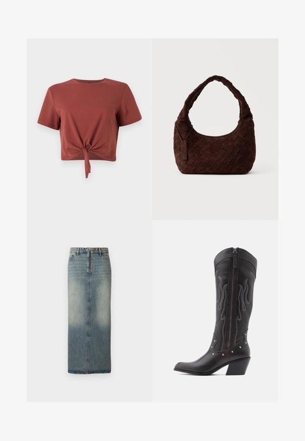 Rostfarvet cropped t-shirt i blød bomuld med korte ærmer og knyttet frontdetalje. Glat tekstur, rund halsudskæring.; Denim midi nederdel i lys blåt med en falmet finish. Har en frontlynlås og knaplukning, lige snit og minimale syninger.; Brune læder cowboystøvler med flammebroderi, sidelukning med lynlås, sølvnitter, spids snude og lagdelt hæl.; Mørkebrun vævet skuldertaske i læder med blød, afrundet form og bred hank, med et lille fastgjort lædermærke.