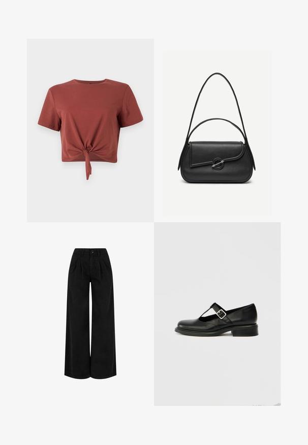 Rostfarvet cropped t-shirt i blød bomuld med korte ærmer og knyttet frontdetalje. Glat tekstur, rund halsudskæring.; Sorte bukser med høj talje og vide ben med forreste plisseringer, knaplukning og bæltestropper, vist mod en hvid baggrund.; Sort Mary Jane-sko i læder med rund tå, T-remdesign, justerbar spænde og lav stablet hæl. Glat tekstur med minimal detaljering.; Sort læderhåndtaske med afrundede kanter, asymmetrisk klap, metalcirkulært spænde samt både korte og lange skulderstropper.