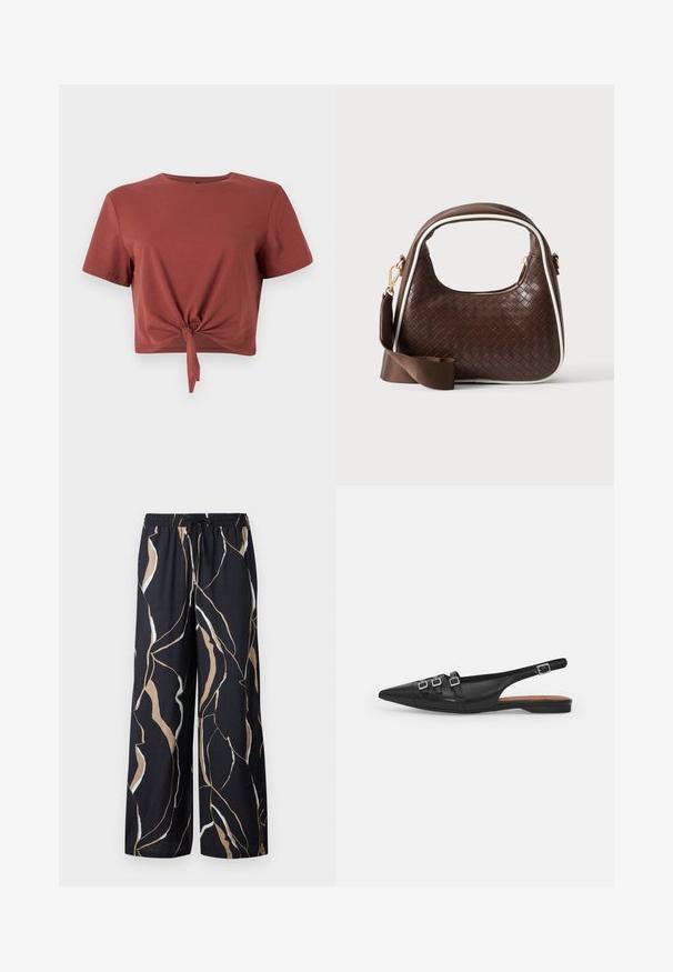 Rostfarvet cropped t-shirt i blød bomuld med korte ærmer og knyttet frontdetalje. Glat tekstur, rund halsudskæring.; Bredde ben bukser i et mørkt navy stof, med et dristigt abstrakt mønster i beige og hvid. Elastisk talje med snøre.; Sort læderslyngeflad sko med spids tå, der har to vandrette stropper og firkantede sølvspænder, lav hæl og glat tekstur.; Brun vævet læderhåndtaske med hvid piping, guldfarvet lynlås og aftagelig brun stofskulderrem.