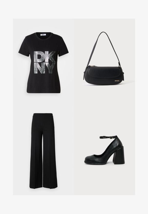 Camiseta negra de manga corta con grandes letras plateadas brillantes "DKNY" en el frente y escote redondo.; Pantalones de pierna ancha negros con una textura suave, que presentan una cinturilla alta y sin cierres visibles. Diseño simple y limpio.; Zapato negro de cuero con tacón alto, punta redondeada y correa ajustable en el tobillo con hebilla dorada sobre fondo liso claro.; Bolso de hombro de cuero negro con solapa curva, logo dorado "HUGO" en el frente y una correa ajustable.