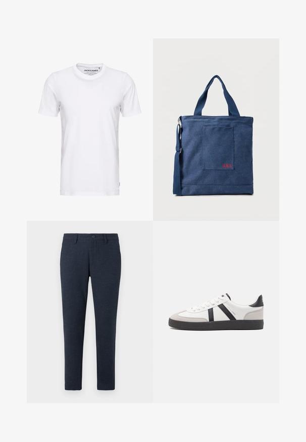 Weißes T-Shirt mit kurzen Ärmeln aus Baumwolle, mit Rundhalsausschnitt und einem schlichten Design. Markentag im Nackenbereich sichtbar. Keine Muster oder Verzierungen.; Dunkelblaue Slim-Fit-Hosen mit Gürtelschlaufen, Frontknopf und vorderen Taschen, auf einem weißen Hintergrund präsentiert.; Weiße Sneaker mit schwarz- und grau-aczenten, ausgestattet mit einer strukturierten grauen Zehenkappe, schwarzer Gummi-Sohle und flachen weißen Schnürsenkeln. Sauberes Design, minimalistische Stil.; Blauer Canvas-Einkaufstasche mit Vordertasche und roter "O.N.S" Stickerei, ausgestattet mit zwei Griffen und einem verstellbaren Schulterriemen.