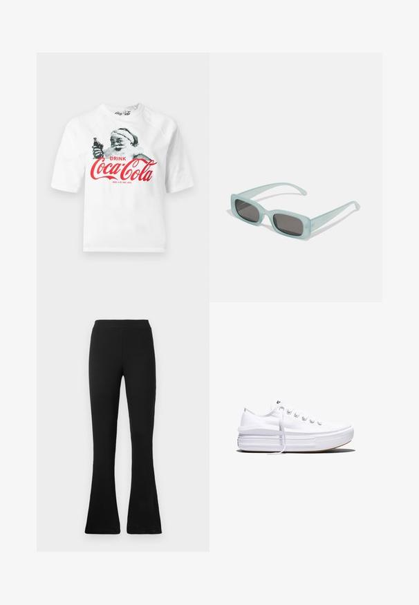 Valge T-särk, millel on vintage Santa, kes hoiab Coca-Cola pudelit, ja punane "Joo Coca-Cola" tekst ees.; Mustad ribaga vingerdatud püksid kõrge vöökohaga. Pehme, elastne materjal loob keha järgiva silueti ja vingerdatud alaosas stiili ning mugavuse.; Valge madala lõikega lõuendijalanõu, millel on paks platvormpõhi, ees nöörimine ja kummist tekstuuriga varbakate, kujutatud külgvaates.; Kaks ümmargust päikeseprilli, millel on helesinised poolläbipaistvad raamid ja tumehallid objektiivid, sirged tempud ja minimaalsete detailidega riistvara.