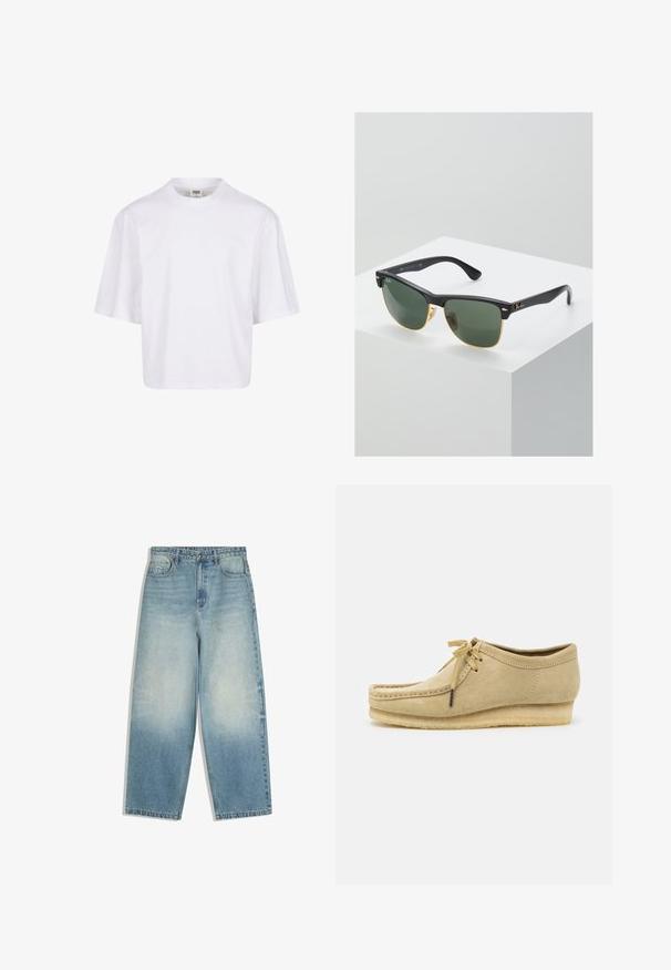 Hvid t-shirt med korte ærmer, der har en rund halsudskæring og en afslappet pasform, lavet af et glat bomuldsblandingsstof. Ingen mønstre eller udsmykninger.; Lyseblå vide denimjeans med forlommer, knaplukning og falmet vaskepatina på lår og knæ.; Beige suedestøvle med snørebåndsdesign, syede detaljer og gummisål. Formen er afslappet med en let hæl.; Ray-Ban solbriller med grønne linser, sorte plastikstel og gyldne detaljer ved kanterne. Firkantet form med mat finish.
