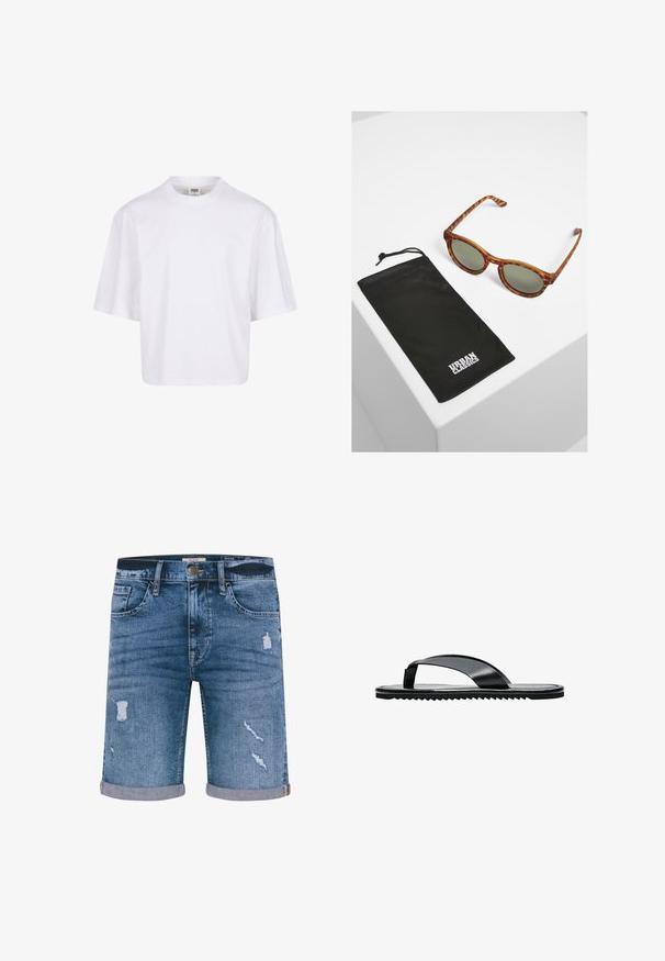 Hvid t-shirt med korte ærmer, der har en rund halsudskæring og en afslappet pasform, lavet af et glat bomuldsblandingsstof. Ingen mønstre eller udsmykninger.; Denimshorts i medium blå med distressed detaljer, opsmøgede kant, fem lommer og metalknaplukning. Standard pasform.; Sort flad flip-flop sandal med bred tårem og tekstureret sål, vist i profil på hvid baggrund.; Skildpaddemønstrede solbriller med grønne linser, der har runde stel. Leveres med en sort drawstring-pose med "URBAN CLASSICS" logo.