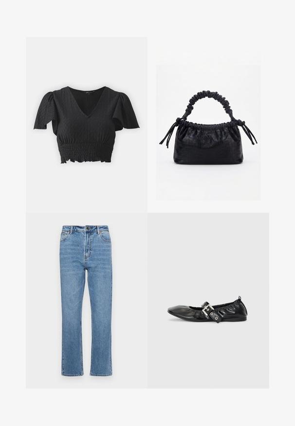 Top noir court avec des manches bouffantes courtes, décolleté en V et tissu texturé. Présente une taille smockée et un ourlet à volants.; Jean en denim bleu clair avec une coupe droite, cinq poches, fermeture à bouton à l'avant et décoloration subtile sur le tissu.; Chaussure plate en cuir noir avec un nez pointu, des détails froncés autour de l'ouverture et un accent en boucle argentée sur la bride ajustable.; Sac à main noir avec texture crocodile, bord supérieur froncé, poignée plissée et pompons à cordon de chaque côté sur fond blanc.