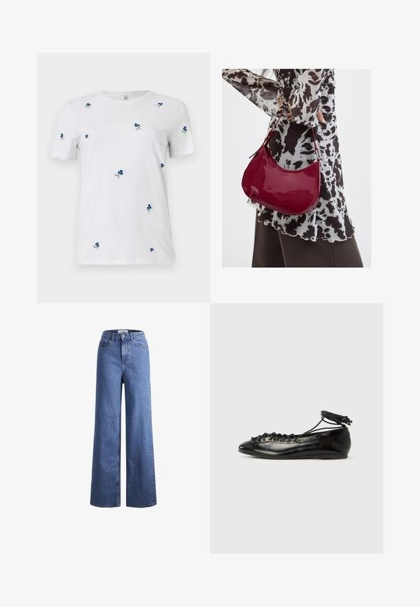Weißes T-Shirt mit kurzen Ärmeln, verziert mit kleinen, verstreuten blauen Blumenstickereien und grünen Stielen, Rundhalsausschnitt, schlichter Hintergrund.; Helleblaue Denim-Weite-Leg-Jeans mit hoher Taille, zwei vorderen Taschen und sichtbarer Naht. Mit Knopf- und Reißverschluss.; Schwarze Ballerinas aus Lackleder mit runder Spitze, Schnürdesign und flacher Sohle. Glatte Textur mit minimaler Verzierung.; Frau trägt eine schwarz-weiß gemusterte Bluse und hält eine glänzende rote Schultertasche vor einem einfarbigen Hintergrund.