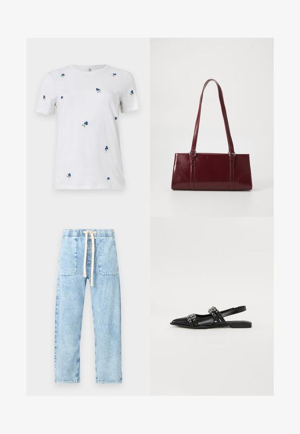 T-shirt blanc à manches courtes avec une petite broderie dispersée de fleurs bleues et de tiges vertes, col rond, fond uni.; GAP Petite EASY VAN NESS - Jean baggy - light indigo; Even&Odd Ballerines à brides arrière - black; Sac à main bordeaux en matériau brillant, de forme rectangulaire, avec deux anses et des accents légèrement courbés à l'avant.