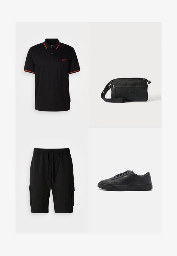 Zwarte polo met rode accenten op de kraag en mouwen. Heeft een knoopsluiting bij de hals en een geborduurd Porsche BOSS-logo in het rood.; Zwarte cargoshorts gemaakt van lichtgewicht stof, met een elastische tailleband, een trekkoord en zijvakken voor extra opbergruimte.; Zwarte leren sneakers met een gladde textuur, ronde neus, platte rubberen zool en tonale veters. Kenmerkt zich door de gouden "BOSS" branding aan de zijkant.; Zwarte crossbodytas met verstelbare riem, voorvak met ritssluiting en geperst BOSS-logo op het voorpaneel.