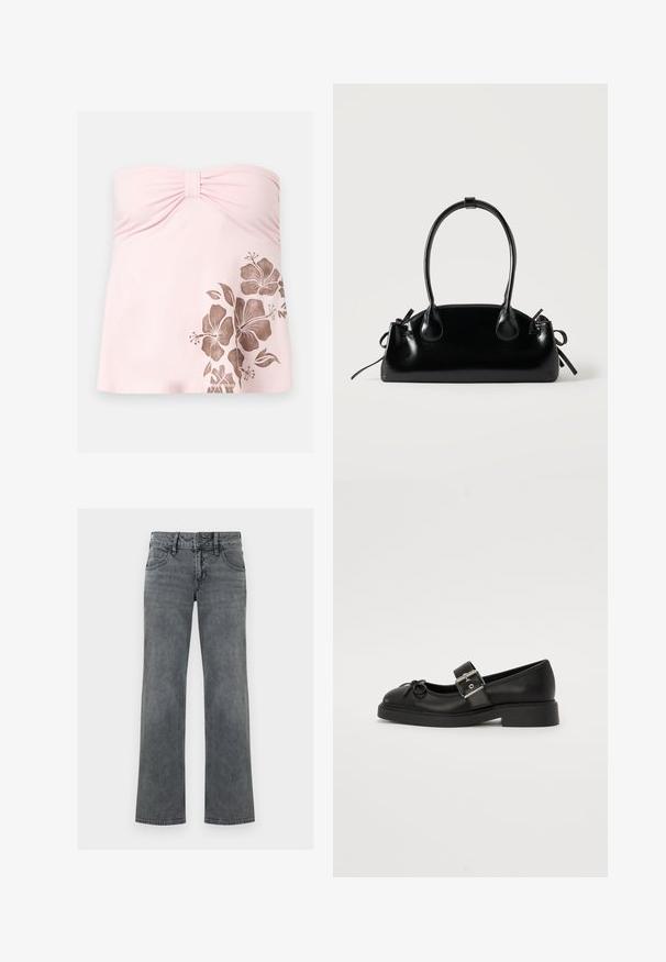 Lyserød strapless badetop med rynket midte og brun hibiscusblomst tryk på nederste højre side.; Grå denimjeans med lige ben, lynlås og knap foran samt fem-lomme-design, vist mod en hvid baggrund.; Sort læder Mary Jane-sko med rund tå, ankelrem og sølv spænde detalje. Har en flad, chunky sål og en sløjfe akcent.; Lille sort blank håndtaske med to lange håndtag og snøre-detaljer i siden på en ensfarvet lys baggrund.