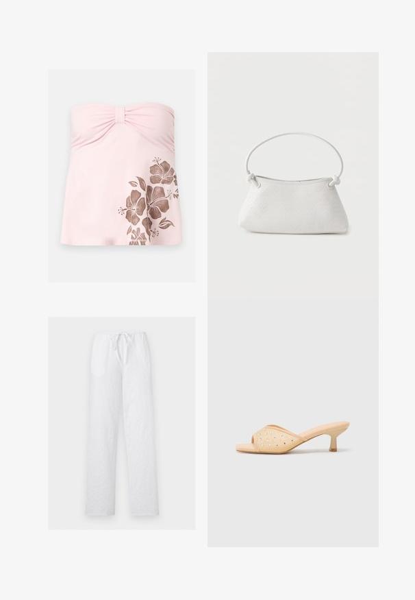 Haut de maillot de bain bustier rose clair avec centre froncé et imprimé fleur d'hibiscus marron sur le bas côté droit.; Pantalon blanc à jambes larges avec broderie ajourée, taille élastique et cordon de serrage à l'avant.; Mules à talons ouverts beige avec une finition matte lisse, ornés de strass transparents disposés en motif sur le dessus.; Sac à main en cuir tressé blanc avec poignée arrondie et extrémités de lanière nouées, présenté sur un fond uni.