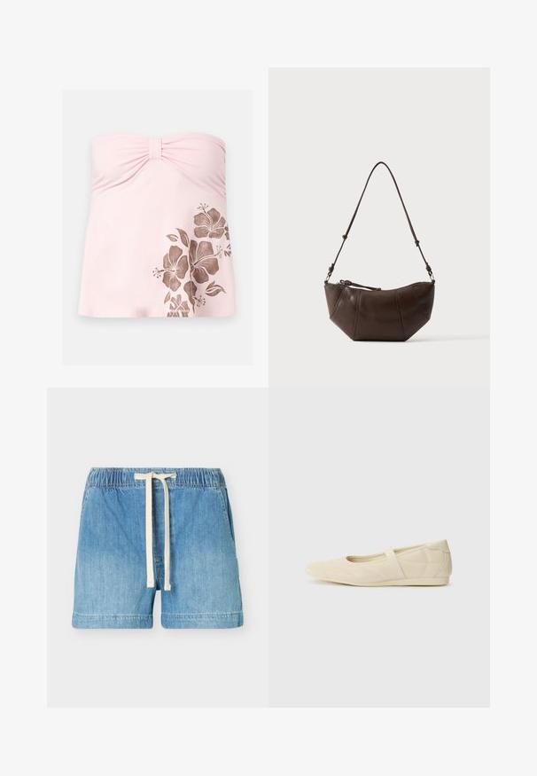 Haut de maillot de bain bustier rose clair avec centre froncé et imprimé fleur d'hibiscus marron sur le bas côté droit.; Short en denim bleu clair avec taille élastique et cordon blanc, poches avant et ourlet droit.; Ballerines beiges avec une exterior en cuir lisse, un bout en forme d'amande et une sangle élastique sur le coup de pied, avec des détails de couture subtils.; Sac à bandoulière en cuir marron avec un fond incurvé et une sangle réglable sur un fond clair uni.