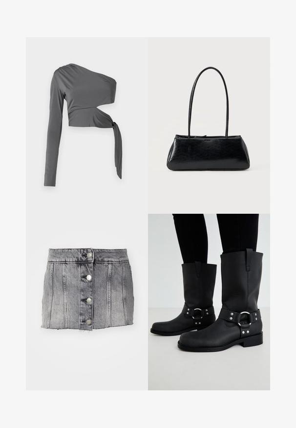 Langærmet grå top med én skulder design, der har en knude detalje ved taljen og glat, strækbart stof.; Grå denimskørt med høj talje, fem sølvknapper, lodrette syninger og rå kant. Har en tætsiddende silhuet og en blød tekstur.; ONLY SHOES ONLBAX - Cowboy- / bikerstøvler - black; Sort rektangulær skuldertaske med lange tynde stropper og en glat, blank tekstur på en ensfarvet baggrund.
