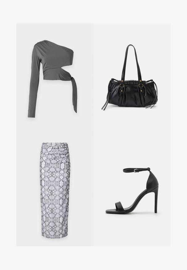 Langærmet grå top med én skulder design, der har en knude detalje ved taljen og glat, strækbart stof.; Python print midi nederdel i sort og hvid, med en tætsiddende silhuet og rynket tekstur langs siderne. Glat stoffinish.; Sort højhælet sandal med et sleek design, der har en ankelrem, åben tå og glat lædertekstur.; Sort læderhåndtaske med rund form, dobbelte hanke, dekorative hardware-detaljer og snøre på siden. Glat, blank overflade.