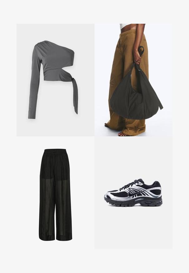 Top gris de manga larga con diseño de un solo hombro, que presenta un detalle de nudo en la cintura y una tela suave y elástica.; Pantalones de pierna ancha negros hechos de tela transparente, con una cinturilla elástica y un cordón para un ajuste ajustable y una textura suave.; Zapatilla de running Nike negra y plateada con parte superior de malla, suela con cojín de aire y cordones, vista lateral sobre un fondo blanco.; Persona con pantalones marrones de pata ancha y top blanco sosteniendo un gran bolso negro blando por la correa a su lado.