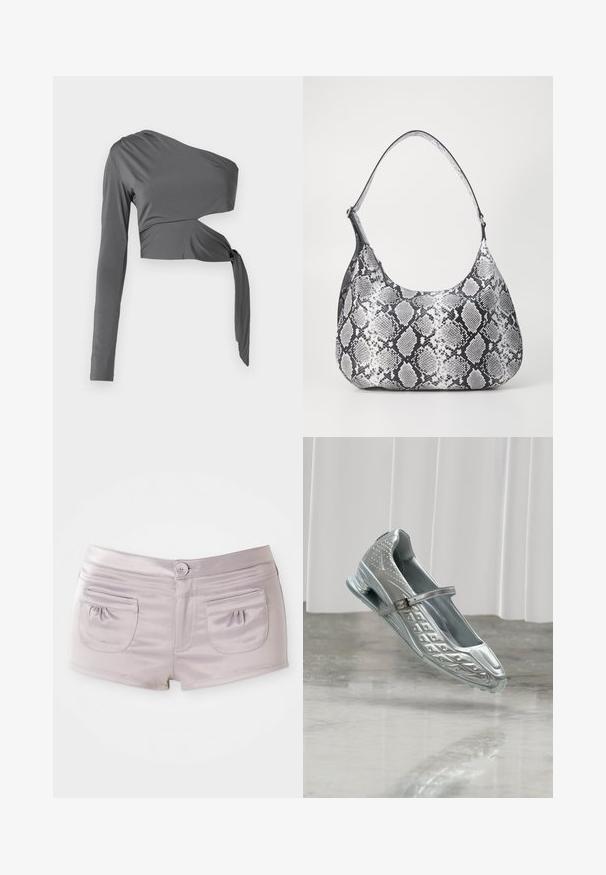 Haut gris à manches longues avec un design une épaule, présentant un détail en nœud à la taille et un tissu lisse et extensible.; Shorts violet clair en tissu lisse et brillant, avec deux poches à l'arrière et une fermeture à bouton à l'avant avec une taille plate.; Chaussure Mary Jane argentée unique avec un design texturé et une bride à boucle, flottant au-dessus d'un sol réfléchissant avec des rideaux blancs en arrière-plan.; Sac à épaule en simili cuir noir et blanc avec imprimé serpent, de forme arrondie, texture lisse et bandoulière incurvée. Présente un accent en matériel argenté.
