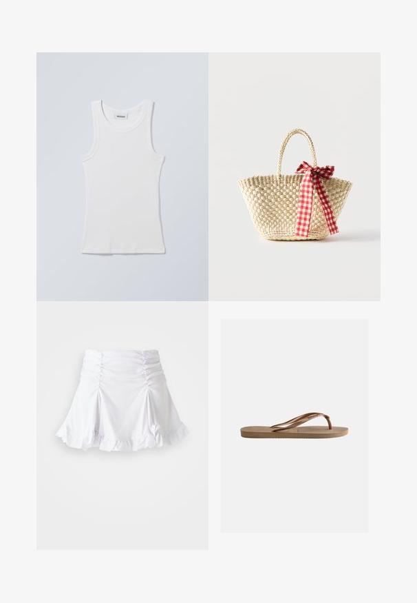 Wit katoenen tanktop met een ronde halslijn en brede schouderbanden. Heeft een geribbelde textuur en een rechte zoom. Label zichtbaar aan de halslijn.; Witte rok van gestructureerde stof met ruches en een gerimpelde zoom. Heeft een uitlopende ontwerp met een aansluitende taille.; Bruine rubberen teenslipper met gestructureerde zool en merkgebonden V-vormige bandjes op een effen lichte achtergrond.; Gevlochten strooien tas met gevlochten handvatten en een rood-wit geruit lint dat aan één zijde in een strik is gebonden.