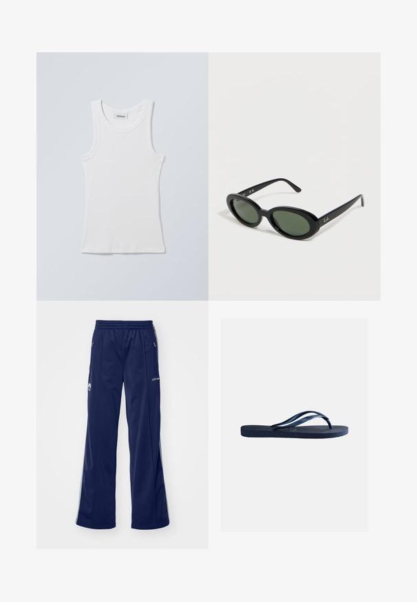 Weißes Baumwoll-Top mit rundem Ausschnitt und breiten Schulterträgern. Verfügt über eine gerippte Textur und einen geraden Saum. Etikett am Ausschnitt sichtbar.; Bundeshwehr-Sporthose mit elastischem Bund, seitlichen Reißverschlusstaschen und silbernen Akzenten. Verfügt über ein Logo am Oberschenkel und weite Beine.; Marineblaue Gummi-Zehentrenner mit strukturierter Sohle und Y-förmigen Riemen, isoliert vor schlichtem hellgrauem Hintergrund.; Schwarze ovale Ray-Ban Sonnenbrille mit grün getönten Gläsern und schlanken Bügeln, schräg auf einer weißen Oberfläche platziert.