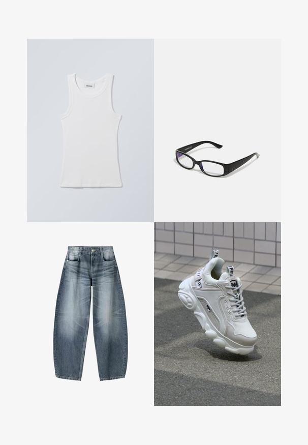 Wit katoenen tanktop met een ronde halslijn en brede schouderbanden. Heeft een geribbelde textuur en een rechte zoom. Label zichtbaar aan de halslijn.; Wijd gesneden jeans van lichtblauwe denim met vervaging, met een vijf-pocket ontwerp, knoopsluiting en minimale stikdetails.; Witte sneaker van mesh en leer, met een ronde neus, dikke zool, opvallende veters en merklogo op de hak en tong.; Zwarte rechthoekige bril met heldere glazen. Glanzende afwerking, smalle veren en paarse tint zichtbaar aan de randen van de glazen.