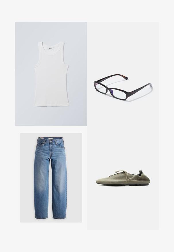 Weißes Baumwoll-Top mit rundem Ausschnitt und breiten Schulterträgern. Verfügt über eine gerippte Textur und einen geraden Saum. Etikett am Ausschnitt sichtbar.; Helleblaue, gerade geschnittene Jeans aus Denim. Merkmale ein klassisches Fünf-Taschen-Design und dezente Ausbleichungen entlang der Beine.; Hellolivgrüner weicher Stoffschuh mit dünner Sohle und Schnürsenkeln, seitlich auf weißem Hintergrund dargestellt.; Rechteckige Brille mit Schildpatt-Muster, schwarzem Kunststoffrahmen und transparenten Gläsern. Mit dünnen Bügeln und leicht geschwungenen Enden.