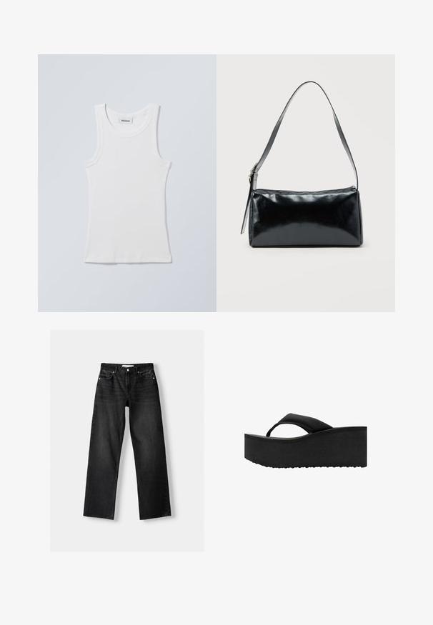 Hvid bomulds tanktop med rund halsudskæring og brede skulderstropper. Har ribstrikket tekstur og lige kant forneden. Mærke vist ved halsudskæringen.; Bershka Jeans Straight Leg - mottled dark grey; Sort platform flip-flop med tyk polstret sål og bred tårem, set fra siden på hvid baggrund.; Sort rektangulær skuldertaske med en enkelt justerbar rem og lynlås i toppen på en ensfarvet baggrund.