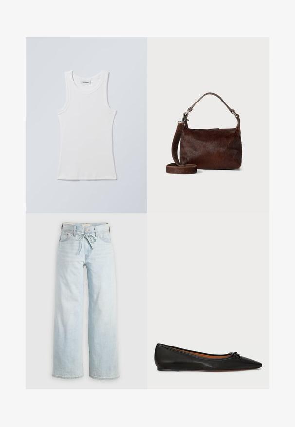 Hvid bomulds tanktop med rund halsudskæring og brede skulderstropper. Har ribstrikket tekstur og lige kant forneden. Mærke vist ved halsudskæringen.; Lysblå vide jeans med bindebånd fortil, klassisk fem-lomme design og subtile falmede detaljer ved benene. Denim materiale.; Sorte læderballetflade med spids tå, slank silhuet og en lille sløjfedetalje på forsiden. Glat tekstur og minimalistisk design.; Brun læder håndtaske med en blød, tekstureret pelslignende overflade, slank design, en kort hank og en aftagelig strop.