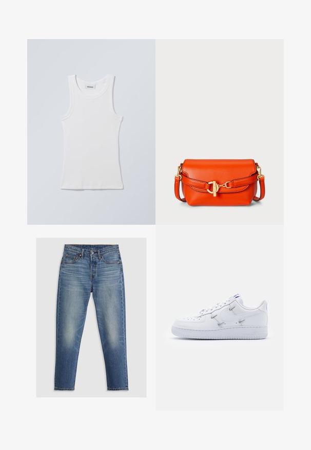Wit katoenen tanktop met een ronde halslijn en brede schouderbanden. Heeft een geribbelde textuur en een rechte zoom. Label zichtbaar aan de halslijn.; Lichtblauwe denim jeans met een rechte snit, vijf zakken, knoopsluiting en subtiele vervagingen op de dijen. Contraststiksel zichtbaar.; Nike Sportswear AIR FORCE 1 - Sneakers laag - white/hyper royal/black; Oranje leren handtas met een gladde textuur, sluiting met een sluiting en een afneembare schouderband. Voorzien van gouden hardware en een ronde vorm.