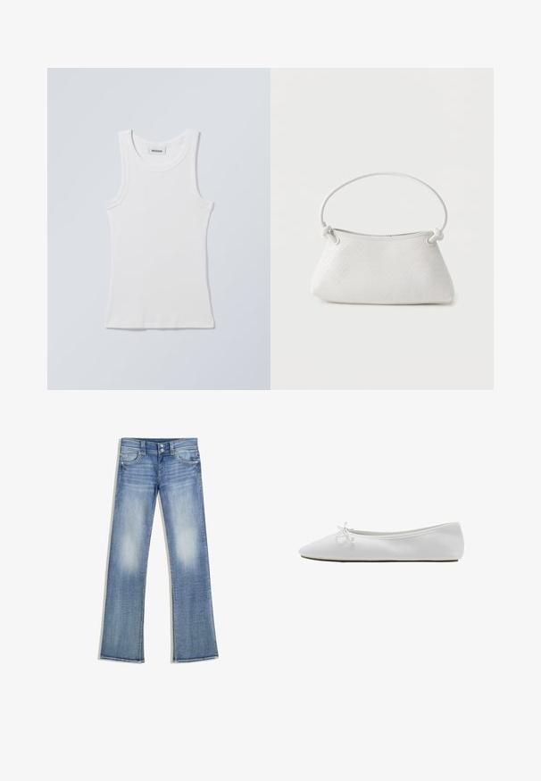 Wit katoenen tanktop met een ronde halslijn en brede schouderbanden. Heeft een geribbelde textuur en een rechte zoom. Label zichtbaar aan de halslijn.; Lichtblauwe bootcut-spijkerbroek met een vervaagde wassing, vijf zakken, riemlussen en dubbele knoopsluiting, plat neergelegd op een witte achtergrond.; Witte balletschoen met spits toelopende neus, een klein strikje bovenop en een lage, platte zool.; Witte handtas van gevlochten leer met een afgeronde handgreep en uiteinden van de band die geknoopt zijn, afgebeeld tegen een effen achtergrond.