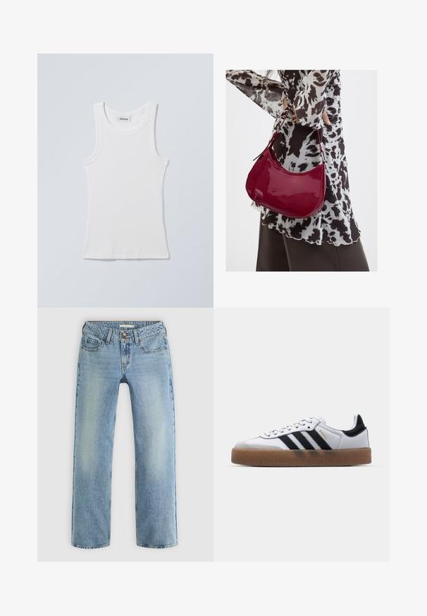 Weißes Baumwoll-Top mit rundem Ausschnitt und breiten Schulterträgern. Verfügt über eine gerippte Textur und einen geraden Saum. Etikett am Ausschnitt sichtbar.; Hellblaue gerade geschnittene Jeans aus Denim, mit Knopfverschluss, fünf Taschen und subtiler Ausbleichung entlang der Beine.; Weiße Leder Sneakers mit schwarzen Streifen, Gummigummi-Außensohle, runder Zehenform, Schnürverschluss und weichem grauem Wildleder-Zehenkappe.; Frau trägt eine schwarz-weiß gemusterte Bluse und hält eine glänzende rote Schultertasche vor einem einfarbigen Hintergrund.