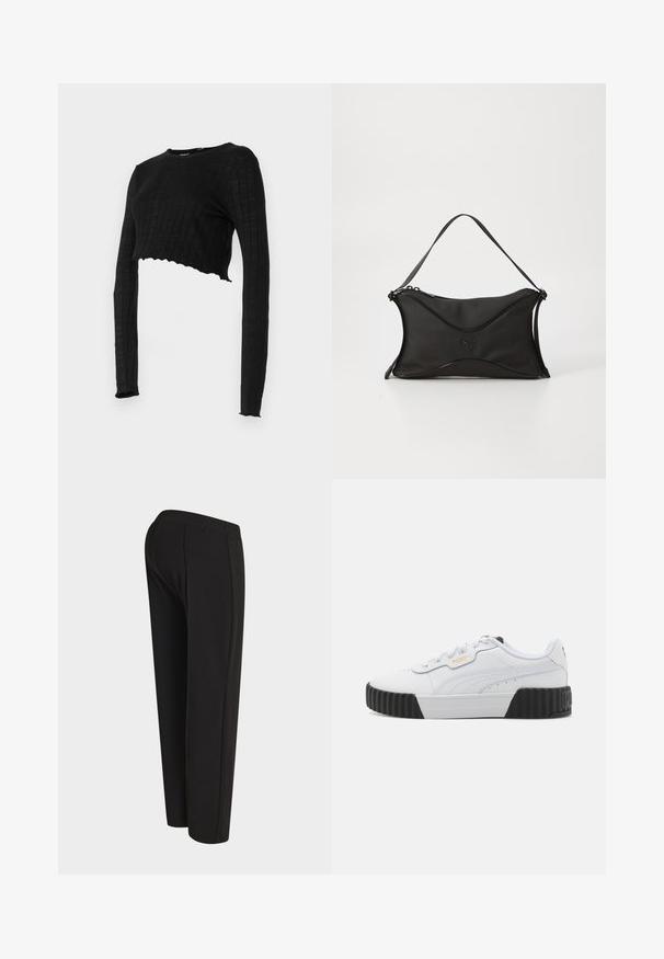 Schwarzes, kurzes Langarmtop mit gerippter Textur und gewelltem Saum. Glatte, einfarbige Stoffqualität mit rundem Halsausschnitt.; Schwarze gerade Hose, auf einer Schaufensterpuppe von hinten gezeigt, mit hohem Bund und schlichtem, unverziertem Design.; Weiße Sneakers mit einem strukturierten Lederobermaterial, schwarzer Gummi-Plattformsohle und dezentem goldenen Branding an der Seite. Runde Schnürsenkel und genähte Details.; Schwarze Handtasche aus weichem, strukturiertem Material. Merkmale ein gewelltes Design, einen einzelnen Schultergurt und ein dezentes Logo-Detail auf der Vorderseite.