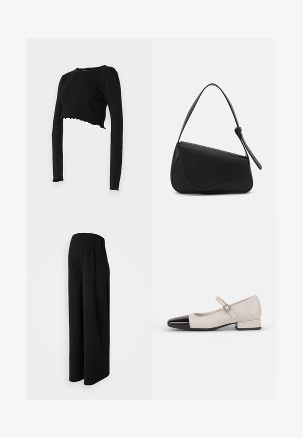 Must värvi cropitud pika varrukaga topp, millel on ribakujuline tekstuur ja sakiline äär. Sile kangas ilma mustriteta, ümmarguse kaelusega.; Vero Moda Maternity Wide-leg Wide Leg Fit - Püksid - black; Kreemivärvi nahast Mary Jane stiilis kingad musta läikiva toe'ga. Omab ümmargust varvast, pahkluule paelaga vöö, madalat ploki kontsa.; Mustmust värvi nahk-käekott, kolmnurkse kujuga, kaldega klapp ja ümar pehandle. Omab siledat tekstuuri ja minimalistikku kujundust.