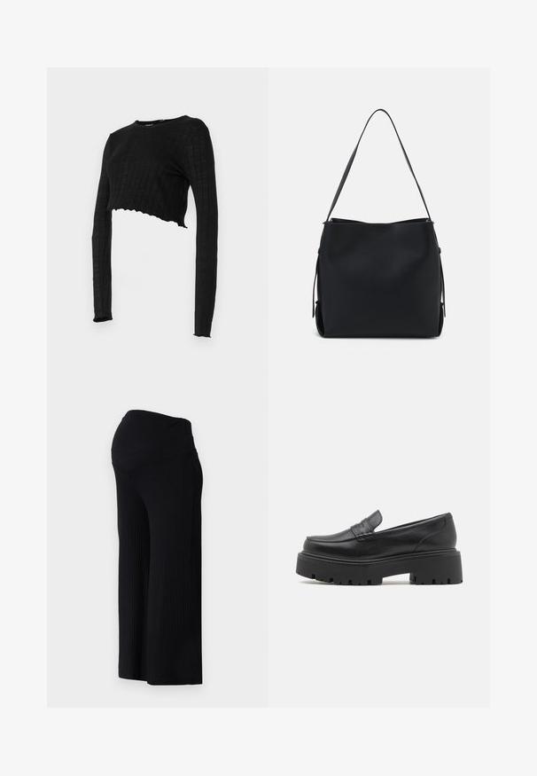 Haut noir à manches longues cropped avec une texture côtelée et un ourlet à volants. Tissu lisse sans motifs, doté d'un col rond.; Pantalons larges noirs côtelés avec une taille haute. Le tissu est lisse et extensible, offrant une coupe décontractée sur toute la longueur des jambes.; Mocassins en cuir noir avec une semelle en caoutchouc épaisse et basse, des détails cousus sur le dessus et une texture lisse.; Pieces PCBONY - Sac à main - black