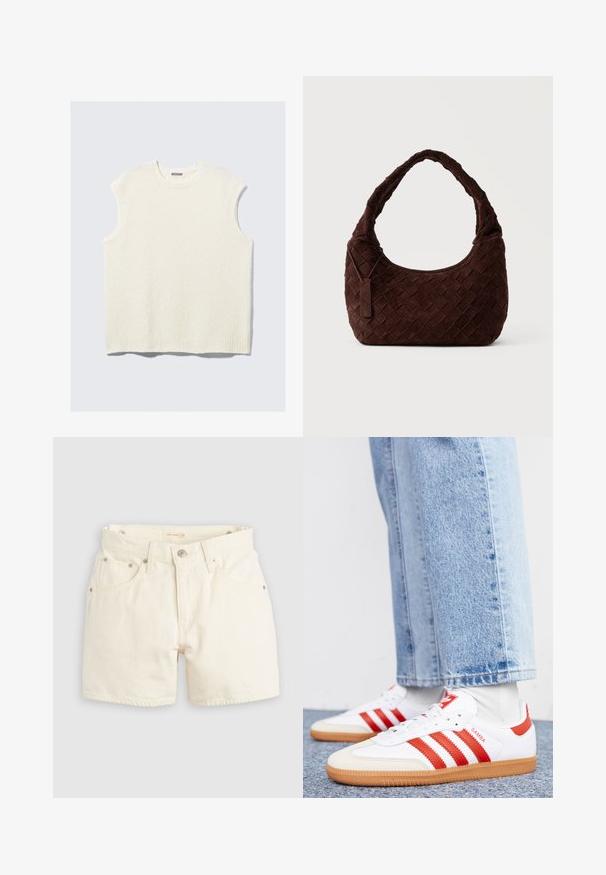 Haut sans manches couleur crème avec un design texturé, encolure et ourlet côtelés. Caractérisé par une coupe carrée et un style décontracté.; Shorts en denim blanc avec taille haute, quatre poches et accessoires en métal. Le tissu présente une texture lisse avec des coutures visibles.; Baskets en cuir blanc avec des rayures et des accents rouges. Dotées d'une semelle extérieure en gomme texturée et d'un col rembourré. Portées avec un jean en denim bleu clair.; Sac à épaule en cuir tressé marron foncé avec une forme douce et arrondie et une large anse, avec une petite étiquette en cuir attachée.