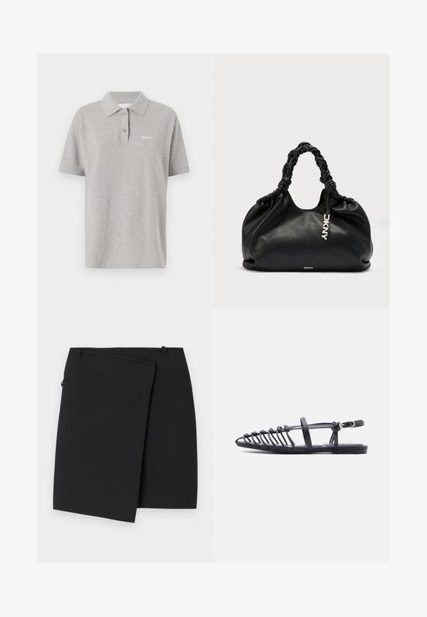 Polo en coton gris avec un col classique, des manches courtes et un petit logo blanc sur la poitrine gauche. Détail de patte de boutonnage à deux boutons.; Jupe portefeuille noire avec une texture lisse, dotée d'une fermeture éclair sur le côté et de deux passants de ceinture. Design simple sans motifs ni accents visibles.; Sandale plate noire avec plusieurs fines lanières, bride à boucle à la cheville et design cage à bout ouvert sur fond blanc.; Sac à main en cuir noir avec une forme souple et décontractée, des poignées tressées et une étiquette logo. Il présente un haut froncé et une texture lisse.