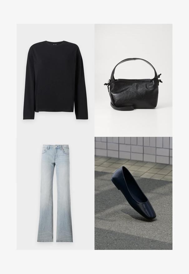 T-shirt noir à manches longues en tissu doux, avec un col rond, une coupe décontractée et un ourlet droit avec des détails de couture minimalistes.; Jean flare en denim bleu clair avec une finition délavée, cinq poches et une fermeture à bouton. Le tissu a une texture lisse et un léger stretch.; Chaussure plate en cuir noir debout sur une surface asphaltée près du bord d'un trottoir carrelé.; Sac à main en cuir noir au design structuré, avec une poignée arrondie et une bandoulière amovible. Présente une texture lisse et un éclat subtil.