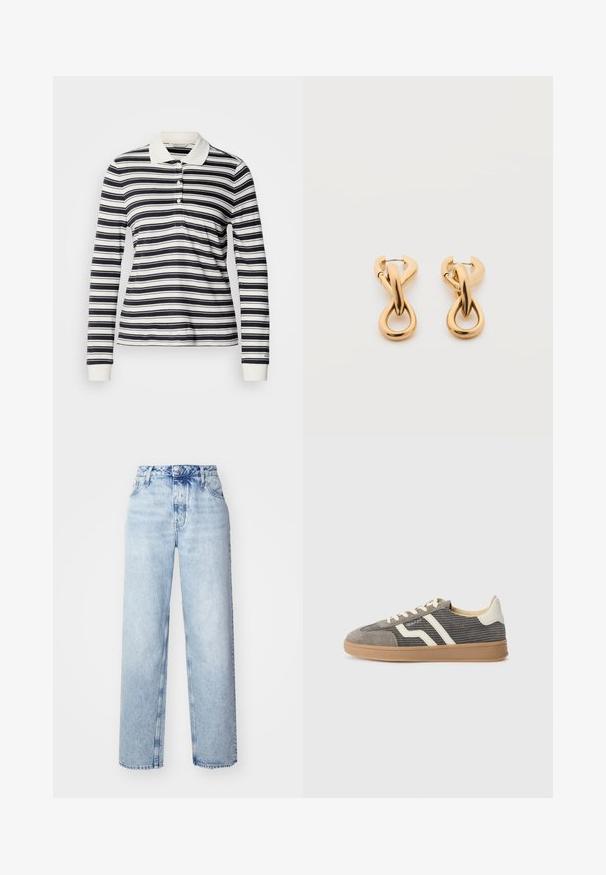 Poloshirt met lange mouwen met marineblauwe en witte strepen, gemaakt van katoen, drieknopsbies en geribbelde manchetten. Klassiek kraagontwerp.; Lichtblauwe high-waisted jeans met een losse pasvorm, met rechte pijpen, vijf zakken en een klassieke knoop- en ritssluiting.; Grijze suède sneaker met een gestructureerd bovenwerk, voorzien van crèmekleurige strepen en veters, en een gumrubberen zool voor grip. Tijdloos atletisch ontwerp.; Een paar glanzende oorringen in goudkleur met een lusvormige, gedraaide en verstrengelde ontwerp, afgebeeld op een eenvoudige witte achtergrond.