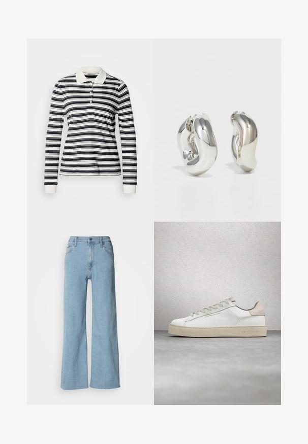 Langærmet polo med marineblå og hvide striber, lavet af bomuld, med tre-knaps slids og ribstrikkede manchetter. Klassisk kravedesign.; Lyseblå vidde jeans lavet af denim, med en tætsiddende talje, fem-lomme design og subtile syningsdetaljer.; Hvide lædersneakers med en glat overflade, beige ruskindsdetaljer, rund tå, flad snørebåndsdesign og en struktureret gummisål.; Sølvskulpturelle øreringe med glatte, buede former og reflekterende overflader. Har et lukket hoop-design og en markant organisk form.
