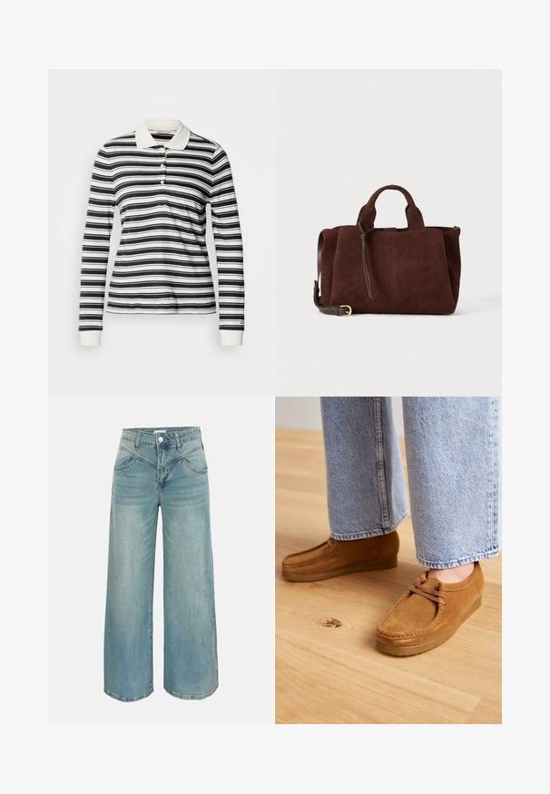 Langærmet polo med marineblå og hvide striber, lavet af bomuld, med tre-knaps slids og ribstrikkede manchetter. Klassisk kravedesign.; Lyseblå vidde bukser i denim med høj talje, for-lynlås og knaplukning samt forlommer, vist på ensfarvet baggrund.; Brune ruskindsko med en rund tå og tanfarvet gummisål, der har et simpelt snørebåndsdesign, parret med lyseblå denimbukser.; Mørkebrun ruskindshåndtaske med korte håndtag, en aftagelig skulderrem med guldfarvet spænde og en enkel kvastdetalje på en ensfarvet baggrund.